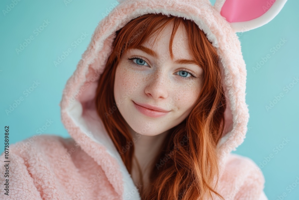 Obraz premium Young woman in pink bunny outfit smiles warmly against a light blue background during a cozy indoor moment