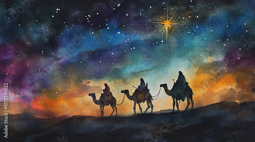 Watercolor illustration of three wise men on camels journeying towards Bethlehem under a starry night sky, with bright guiding star. Nativity and Christmas story concept.