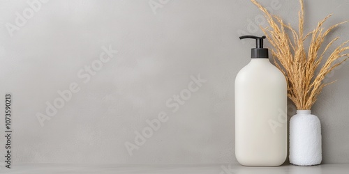 Minimalistic composition of a lotion bottle and decorative plant on a neutral background.