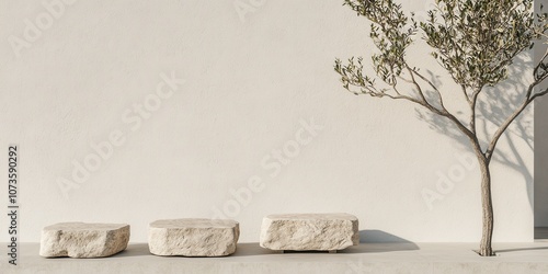 Minimalistic outdoor scene with stones and a tree against a clean wall background.
