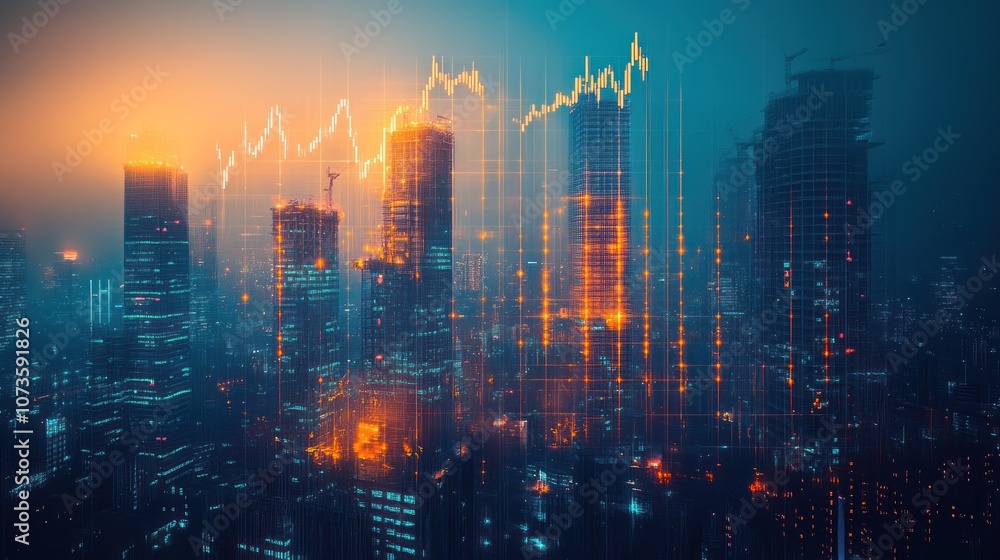 Cityscape with Stock Market Graph Overlay Cityscape with Stock Market Graph Overlay