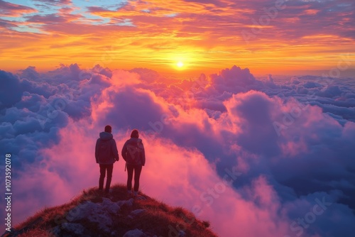 A breathtaking view of a couple standing on a hill, silhouetted against a vibrant sunset above a sea of clouds, evoking adventure and tranquility in a surreal mountain landscape