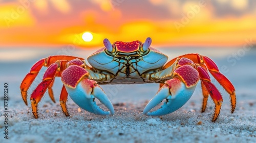 A vibrant red and blue crab faces the camera on a sandy beach with a colorful sunset in the background.