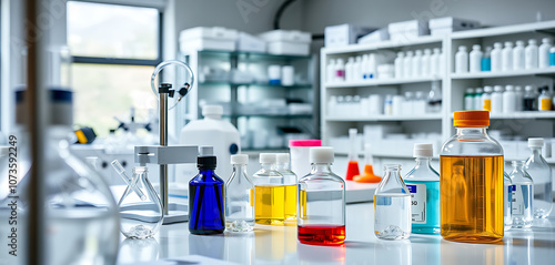 Colorful Chemical Bottles in Laboratory Setting