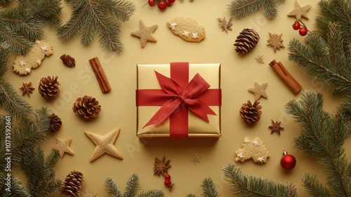 A beautifully wrapped golden gift box with a red bow sits in the center of a flat lay Christmas scene with pine boughs, cinnamon sticks, and star-shaped cookies.