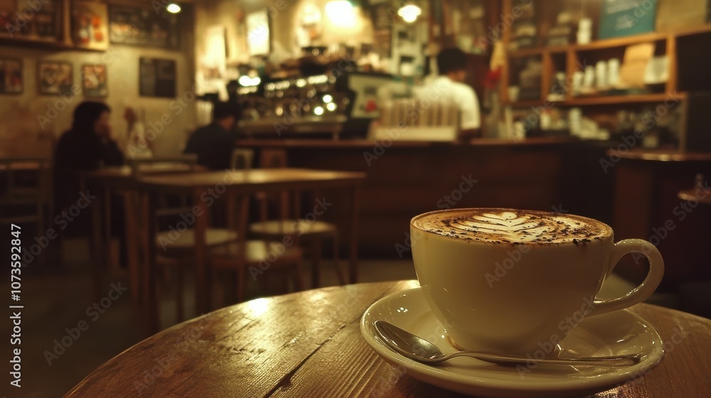 A cup of cappuccino with latte art sits on a wooden table in a cafe, with blurred figures in the background. A cup of cappuccino with latte art sits on a wooden table in a cafe, with blurred figures in the background.