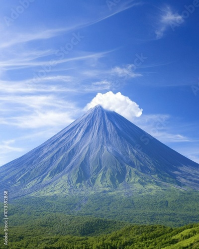 Majestic Volcano in Eruption, Releasing Vibrant Minerals Against a Clear Blue Sky