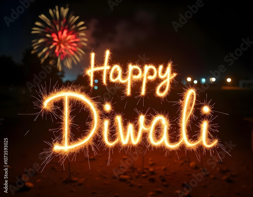 “Happy Diwali” written with sparklers against a dark night