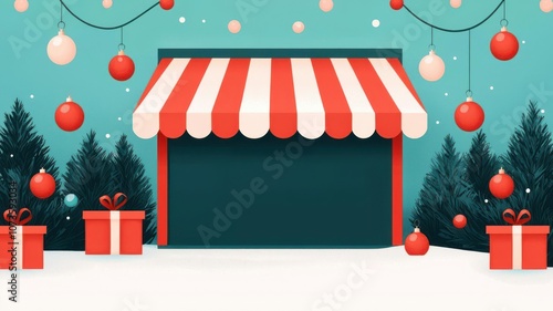 Storefront with  Holiday Bargain Bonanza  banner, decorated with holiday lights and ornaments, Storefront with holiday bargain bonanza banner, Inviting and festive