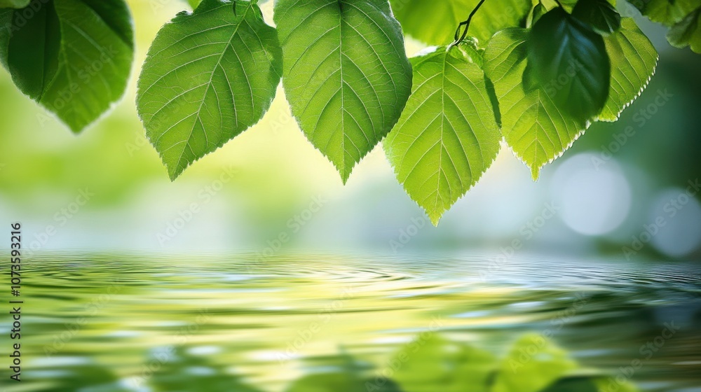 Close-up of lush green leaves hanging over a tranquil body of water, creating a serene and peaceful atmosphere. Close-up of lush green leaves hanging over a tranquil body of water, creating a serene and peaceful atmosphere.