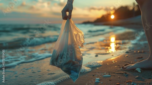 Fototapeta Naklejka Na Ścianę i Meble -  Person holding plastic bag on beach