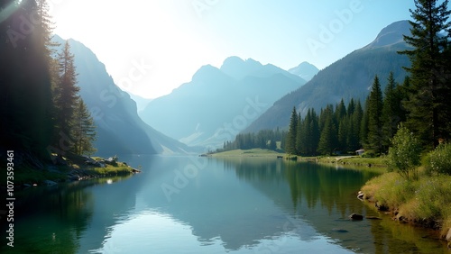 Peaceful Natural Scenery with Clear Lake and Verdant Mountains, Reflections under a Clear Blue Sky on a Summer Day