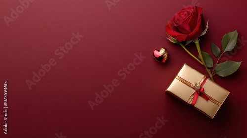 Red Rose with Gold Gift Box and Heart on Deep Red Background photo