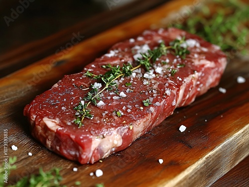 Raw Ribeye Steak on Wooden Board with Herbs and Salt photo