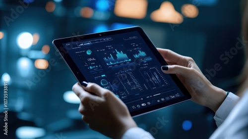 Warehouse scheduling management concept. A person analyzes data on a tablet, showcasing graphs and metrics in a modern, tech-oriented environment.