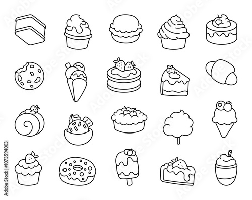Sweets and dessert outline illustrations of delicious cakes, cupcakes, cookies, ice cream, donuts, macarons, croissants, pies, pancakes, milkshakes, and pastries for creative projects
