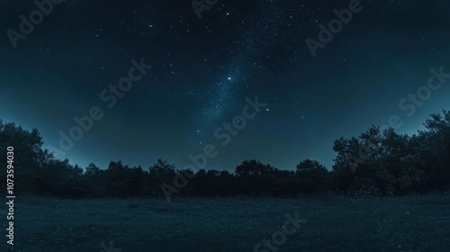 A dark and starry night sky above a line of trees, with the milky way visible in the distance.