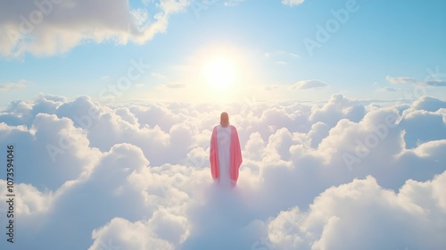 Front view of a Jesus Christ walking in the skyes. Front view, for banner, design, linkedin,church, easter, christmas photo