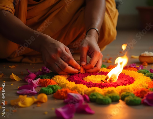 A close-up of a pair of female South Asian hands creating a colorful rangoli with bright powdered pigments and vibrant flower petals on a textured floor (5) photo