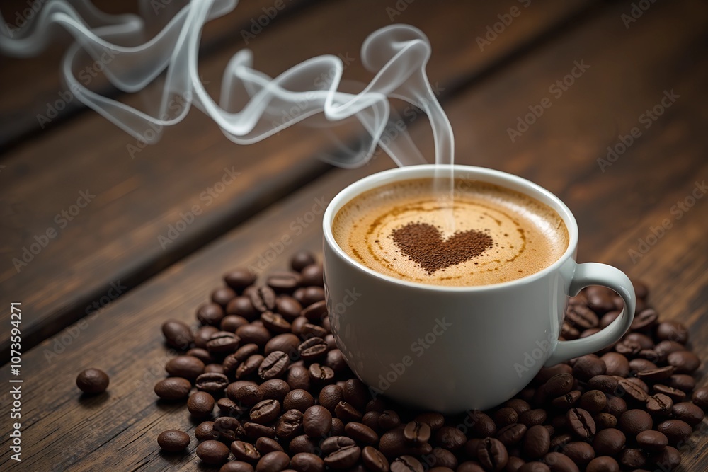 Obraz premium Coffee Cup with Heart-Shaped Latte Art on Wooden Table