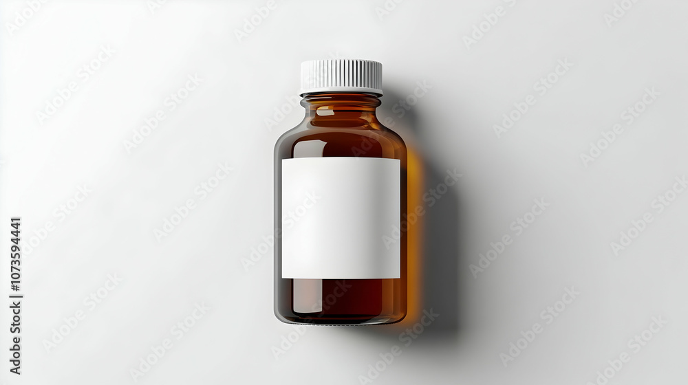 Amber glass bottle with white label and cap on white background. Amber glass bottle with white label and cap on white background.