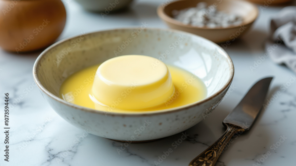 Beef tallow floating on top of oil in a bowl. Beef tallow floating on top of oil in a bowl.