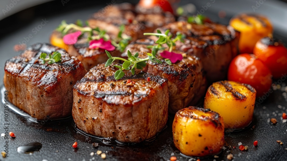roast beef, grilled vegetables placed on a black plate roast beef, grilled vegetables placed on a black plate