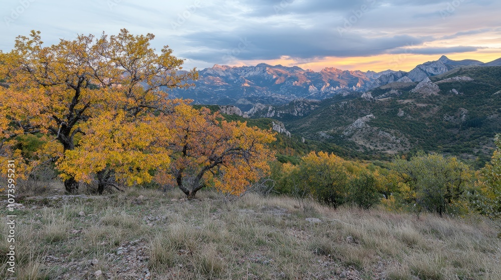 View of the autumn forest in mountains on sunset View of the autumn forest in mountains on sunset