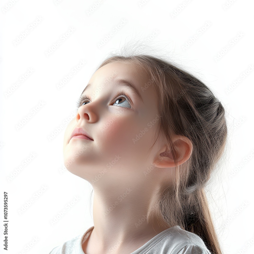 Curious face of young girl, looking up with wonder, soft lighting, isolated on white background Curious face of young girl, looking up with wonder, soft lighting, isolated on white background