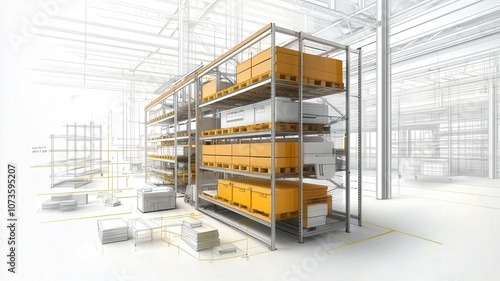 Warehouse scheduling management concept. A modern warehouse interior featuring tall shelving units with orange containers, showcasing a clean, organized storage space.