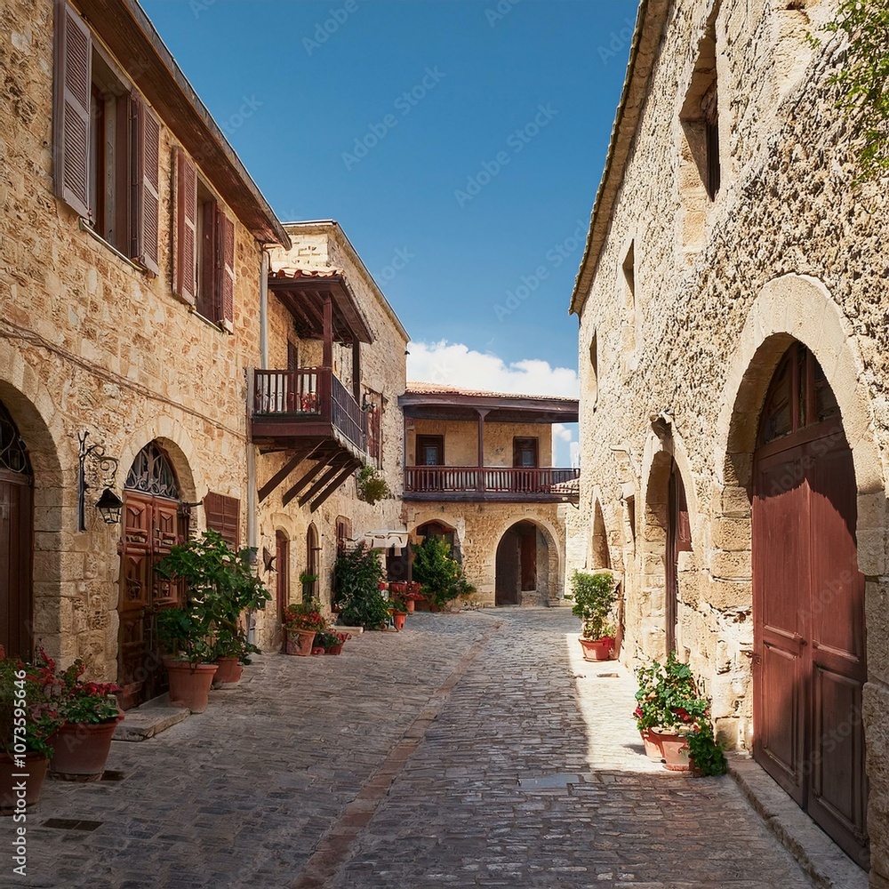 Fototapeta premium perspective of stone houses in a medieval street, AI generated