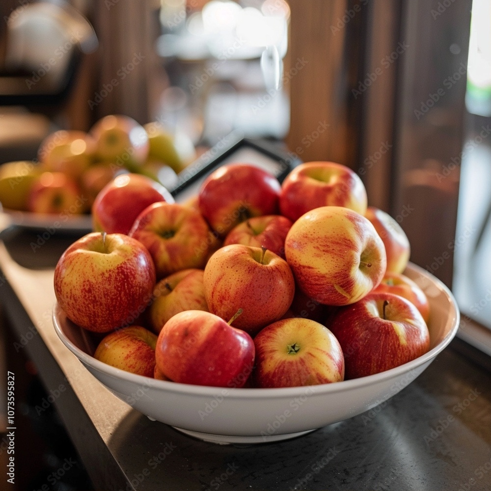 Rustic apple display bowl in a cozy restaurant setting Rustic apple display bowl in a cozy restaurant setting