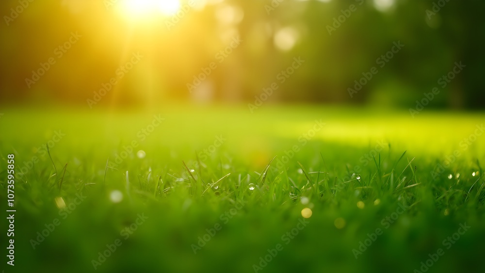 Fototapeta premium Close-up of Dew-Covered Grass in Morning Sunlight, Fresh and Serene Natural Vibe