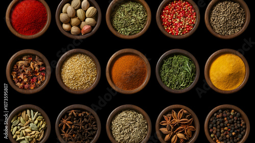 An assortment of various spices in small wooden bowls, isolated on black background.