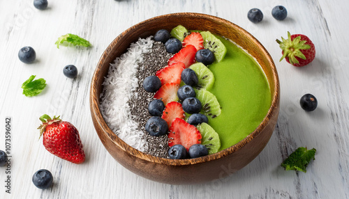 A vibrant green smoothie bowl made with avocado, matcha, and banana, topped with fresh berri (3) photo