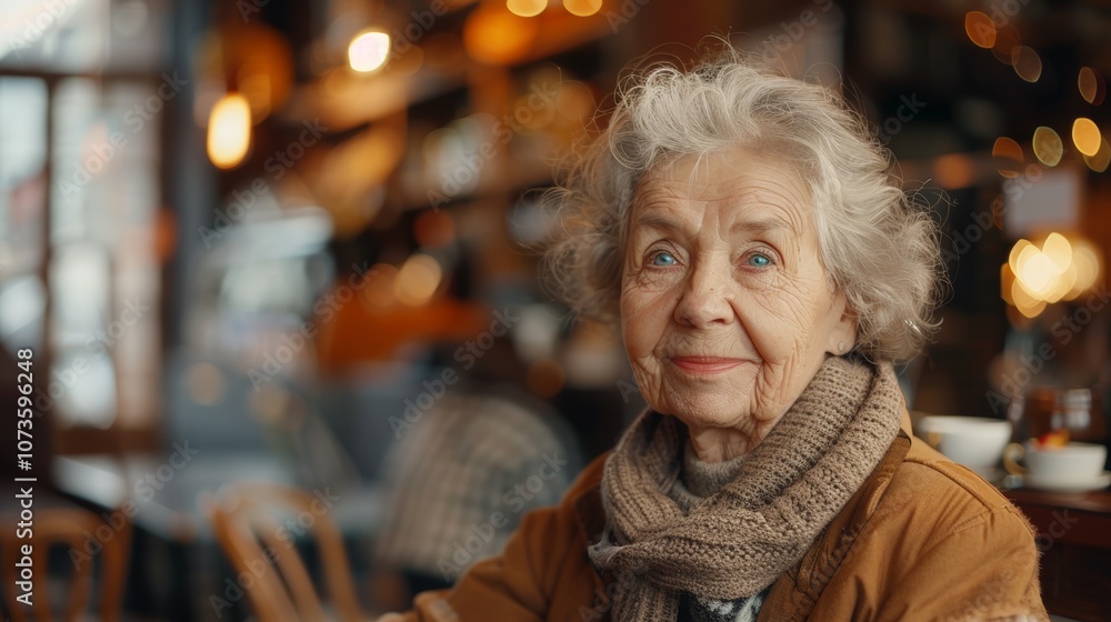 Joyful Senior Lady in Cafe Joyful Senior Lady in Cafe