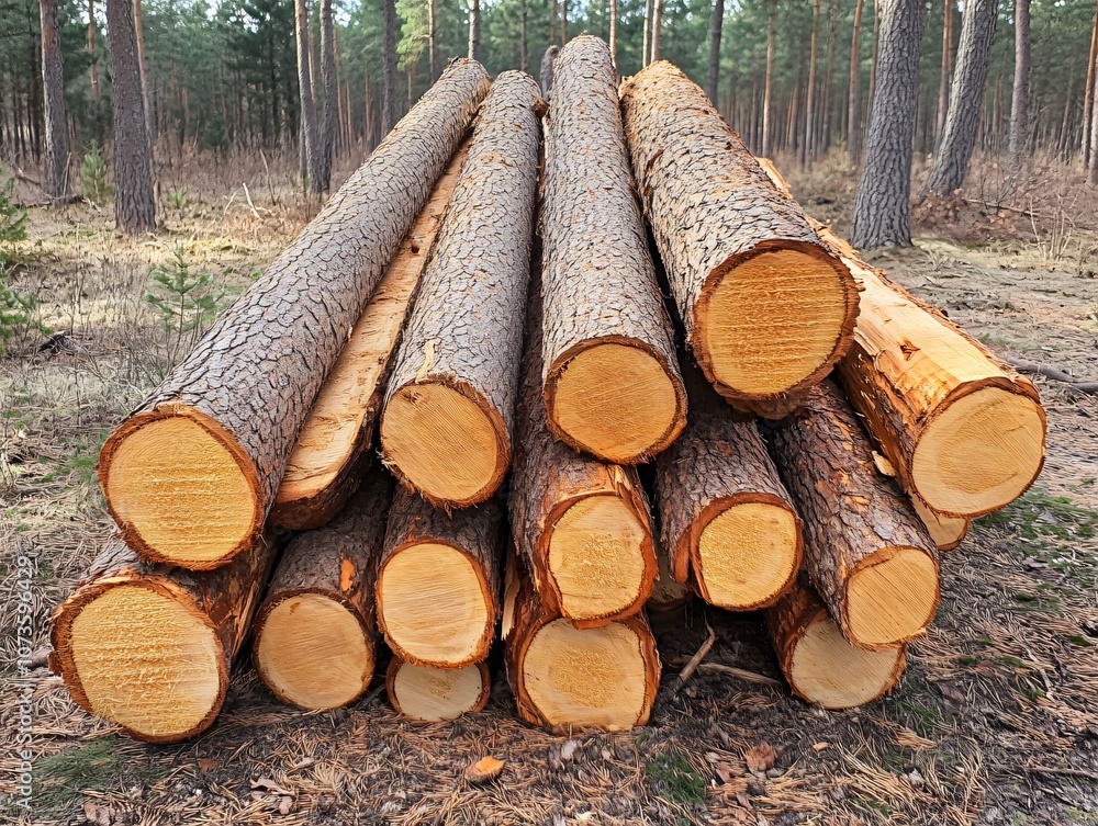 Stacked Pine Logs in Forest Clearing Stacked Pine Logs in Forest Clearing