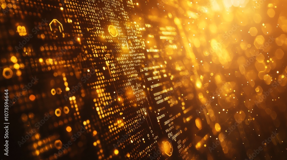 Abstract digital background with glowing gold code and bokeh effect. Abstract digital background with glowing gold code and bokeh effect.