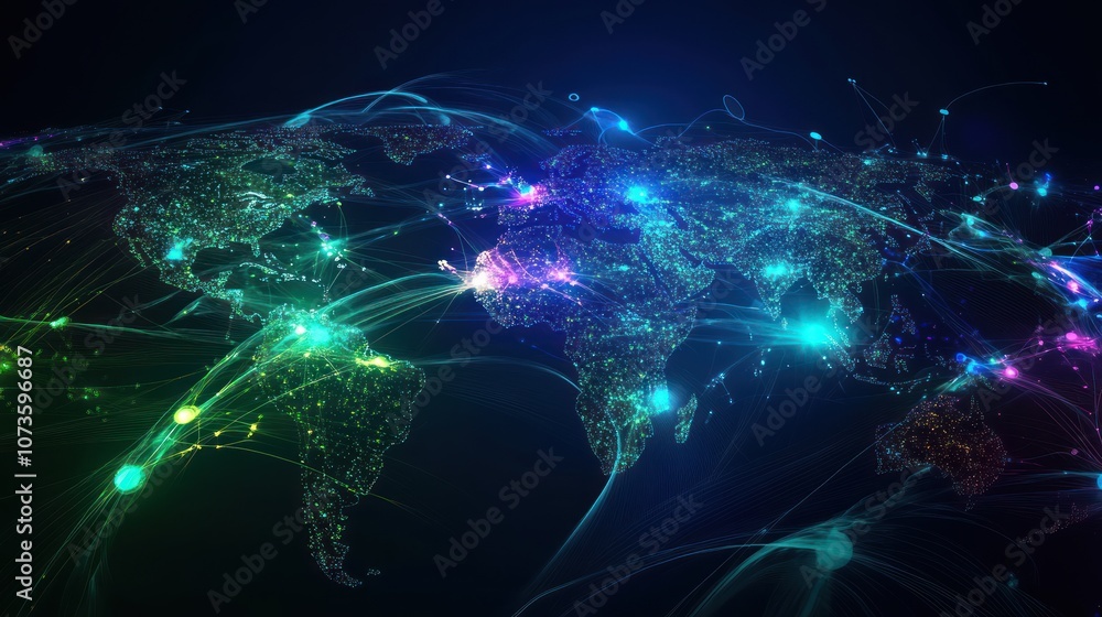 A vibrant, digital representation of a world map with glowing connections and data flow. A vibrant, digital representation of a world map with glowing connections and data flow.