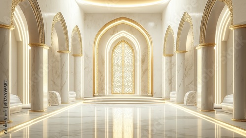 Golden and white marble corridor with carved gold arches