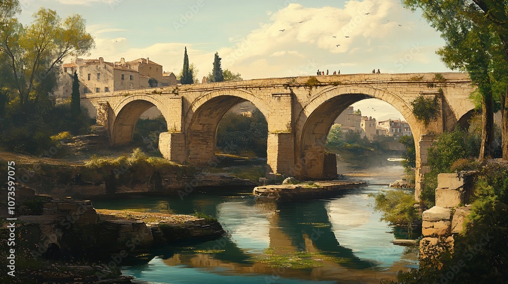 Fototapeta premium An ancient stone bridge arches over a tranquil river, connecting a quaint village on the opposite bank under a blue sky with fluffy white clouds.