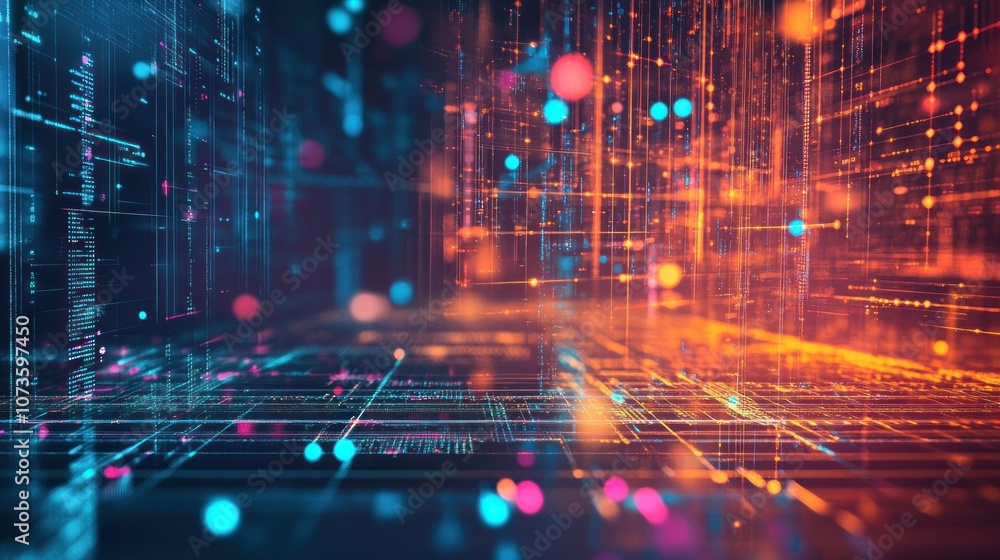 Obraz premium Abstract digital landscape with vibrant data streams and glowing particles.