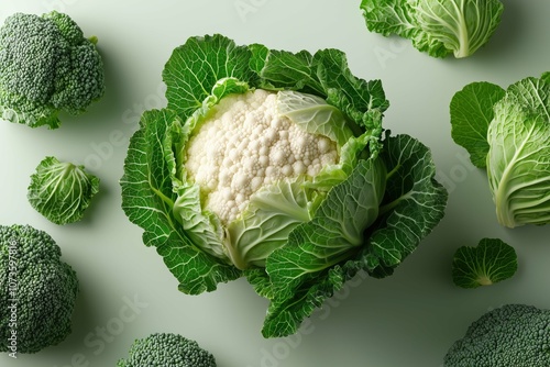 savoy cabbage heads with crinkled leaves on light green background.