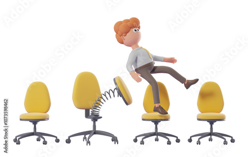 Photos Cartoon character ejected from a spring-loaded office chair among three others on a white background