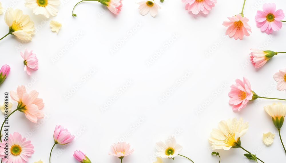 Flat lay with plenty of space for text featuring a blank canvas surrounded by a floral arrangement for creative use. Flat lay with plenty of space for text featuring a blank canvas surrounded by a floral arrangement for creative use.