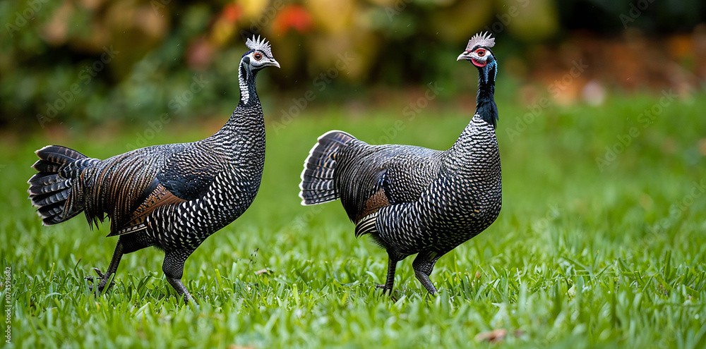 Two guineafowl, a snowy gray with silver and black plumage, walk on the grass Two guineafowl, a snowy gray with silver and black plumage, walk on the grass