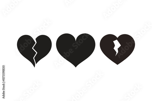 A set of three heart icons, whole, broken and healed silhouette black vector art illustration.