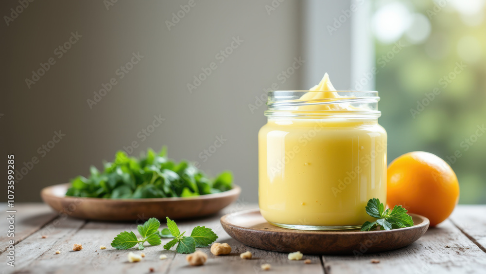 A jar of creamy yellow substance with fresh herbs and a tomato slice nearby on a rustic wooden table. A jar of creamy yellow substance with fresh herbs and a tomato slice nearby on a rustic wooden table.