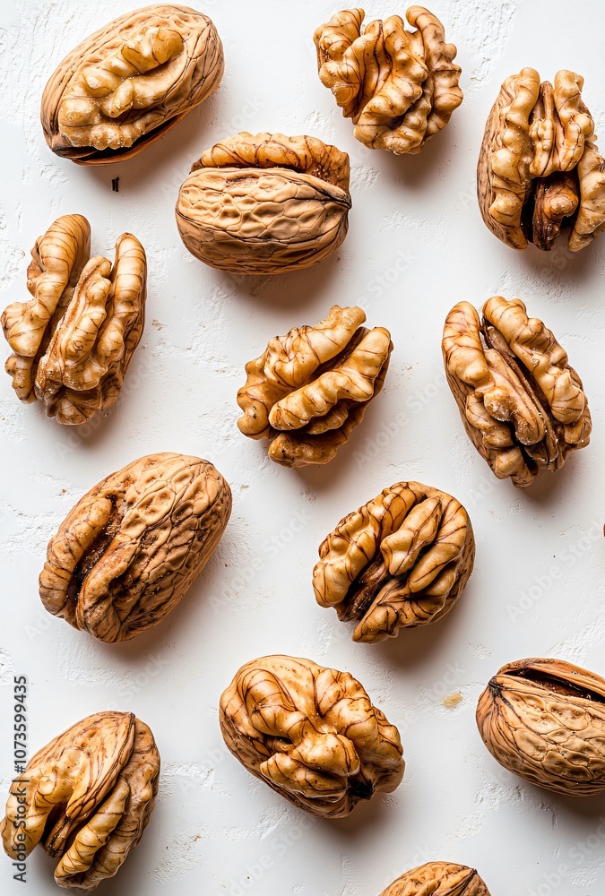 Walnut Kernels, Top View, White Background Walnut Kernels, Top View, White Background