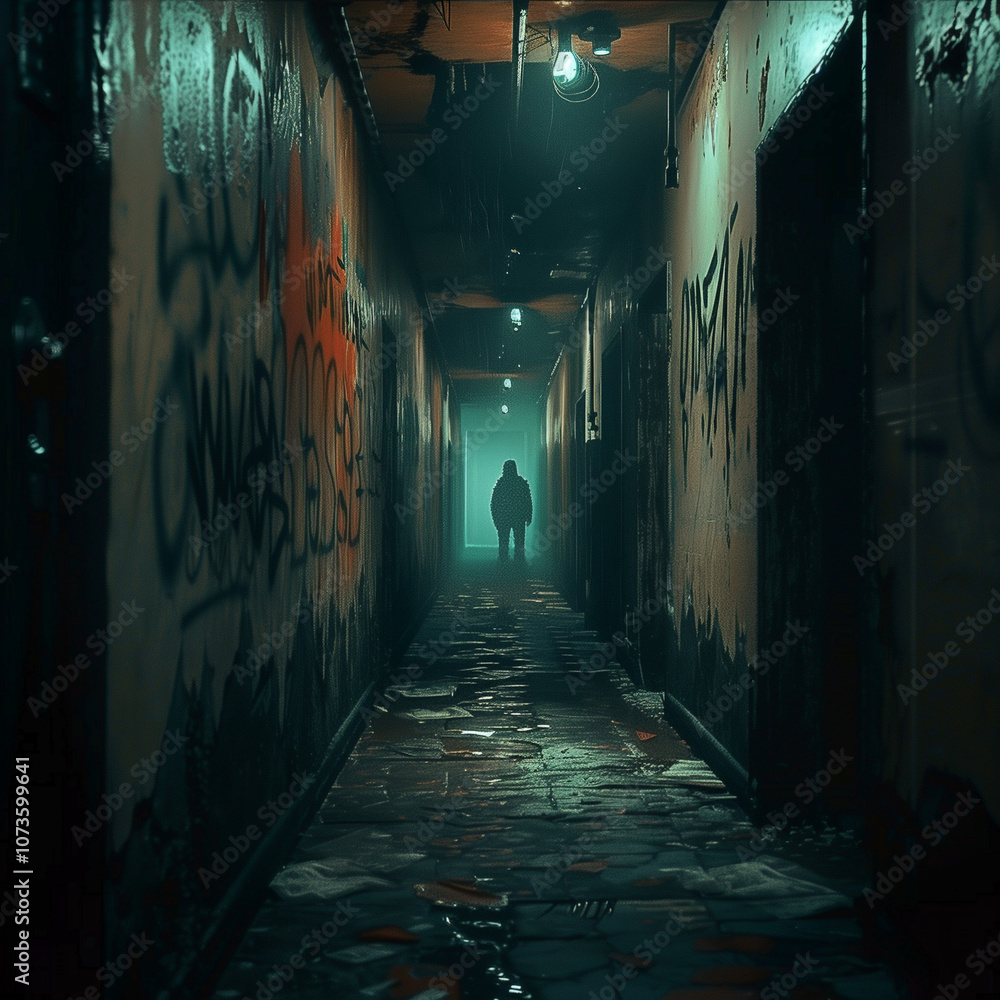 A lone figure walking down an empty street at night, surrounded by tall, crumbling buildings with broken windows. A lone figure walking down an empty street at night, surrounded by tall, crumbling buildings with broken windows.